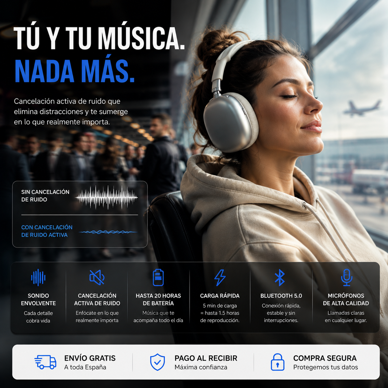 🎧 AudioMax Pro — Auriculares Inalámbricos + Cancelación de Ruido + Sonido Envolvente + Hasta 20H de Batería 🔥